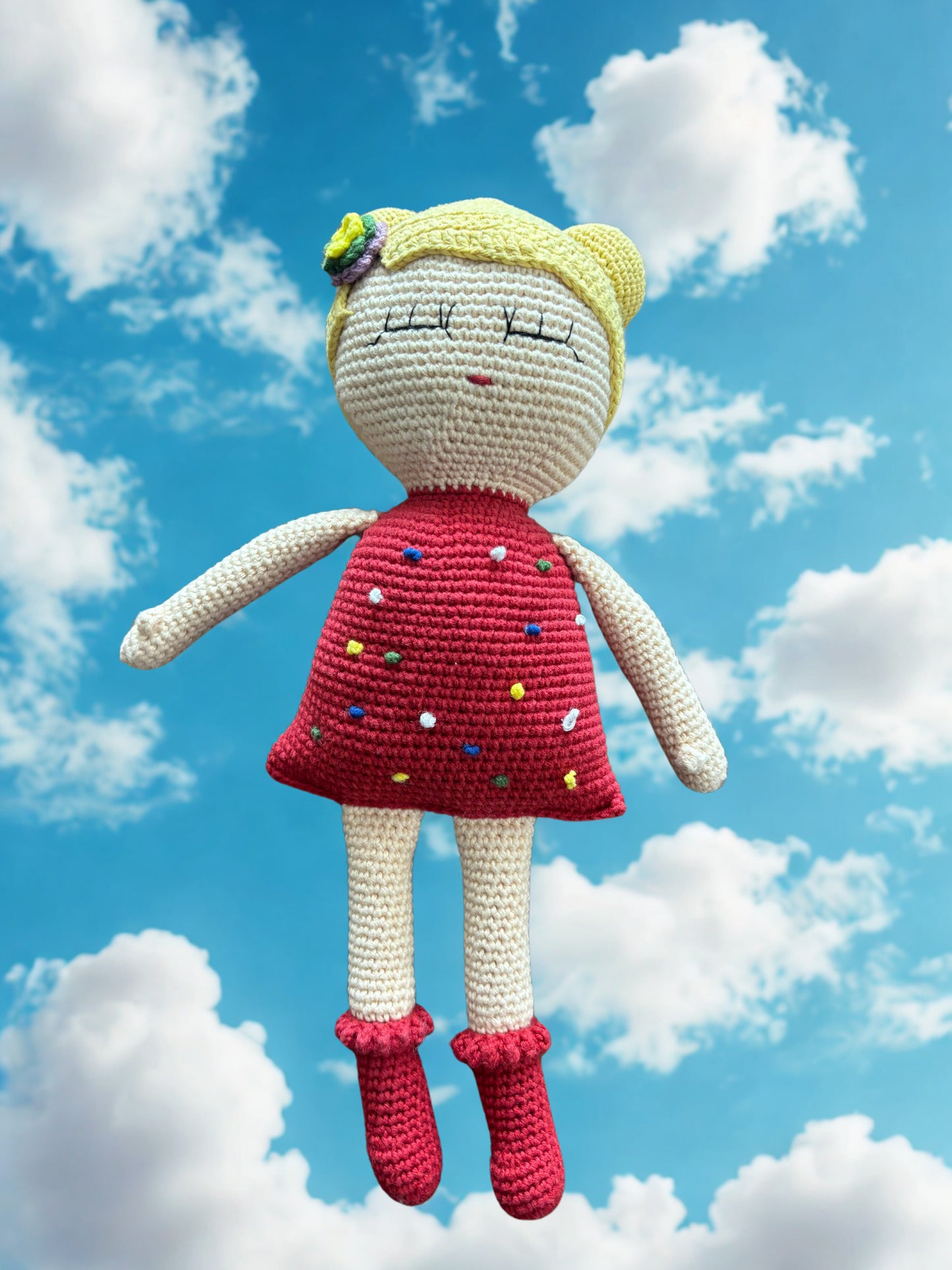 Amigurumi tığ işi bebek kız çocuğu, el yapımı örgü oyuncak kırmızı uyku arkadaşı