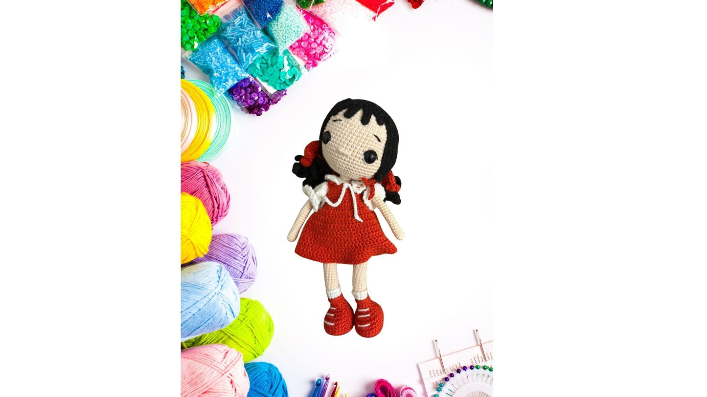 Amigurumi tığ işi bebek kız çocuğu, el yapımı örgü oyuncak kırmızı uyku arkadaşı