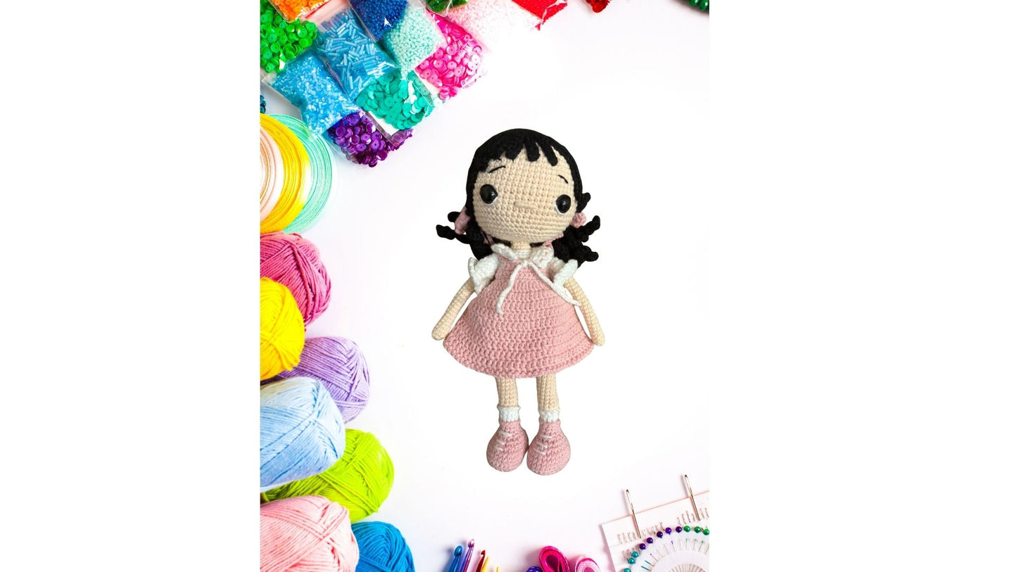 Amigurumi tığ işi bebek kız çocuğu, el yapımı örgü oyuncak Pembe uyku arkadaşı