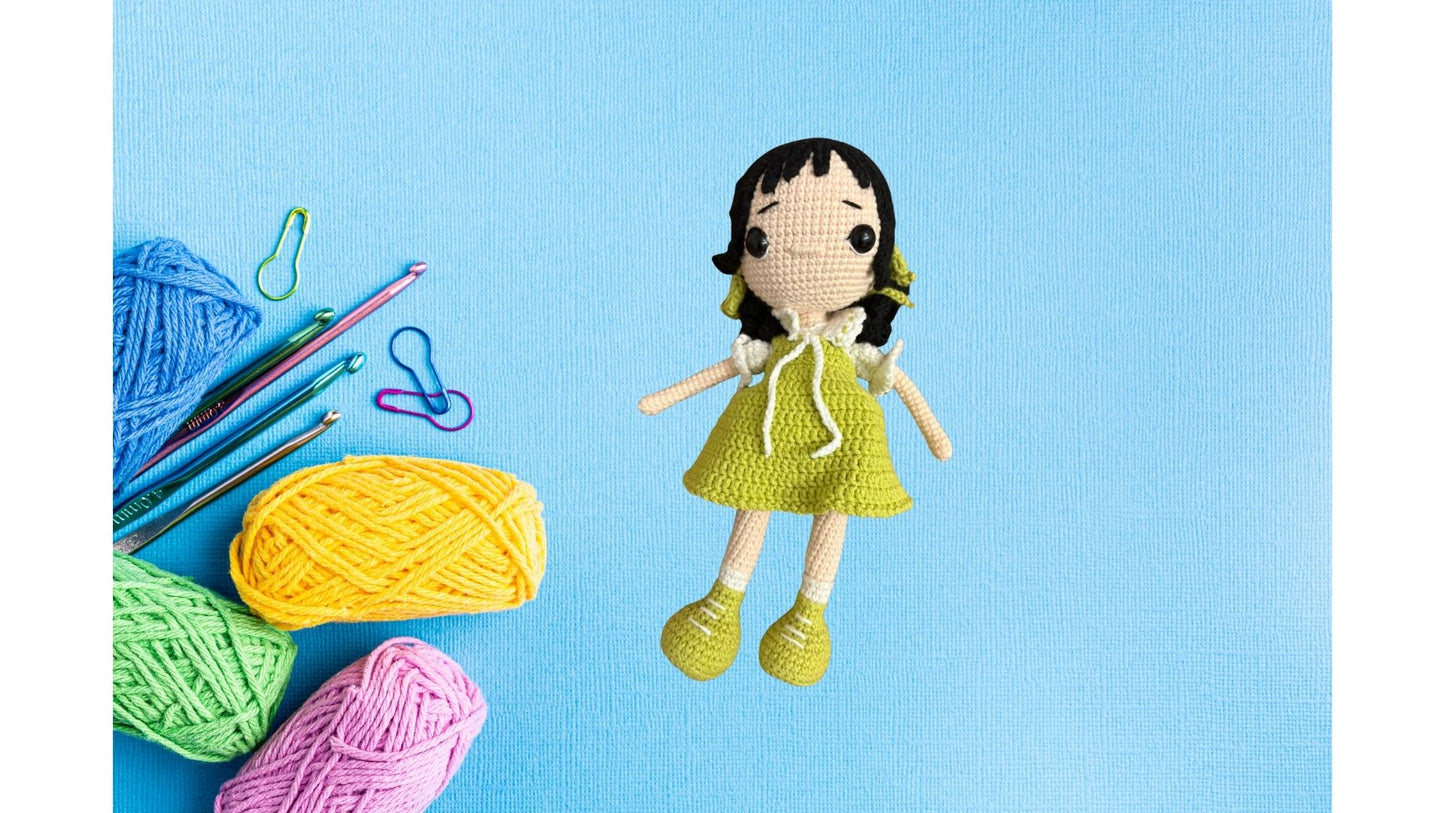 Amigurumi tığ işi bebek kız çocuğu, el yapımı örgü oyuncak Haki uyku arkadaşı