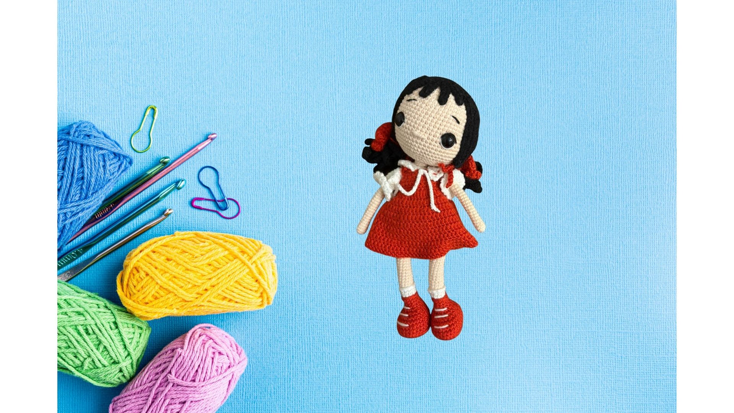 Amigurumi tığ işi bebek kız çocuğu, el yapımı örgü oyuncak kırmızı uyku arkadaşı