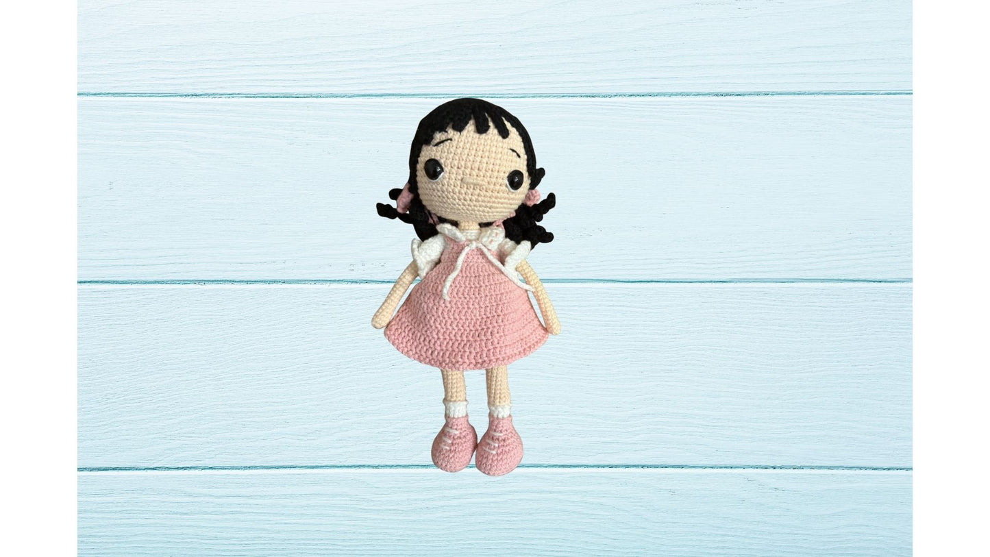 Amigurumi tığ işi bebek kız çocuğu, el yapımı örgü oyuncak Pembe uyku arkadaşı