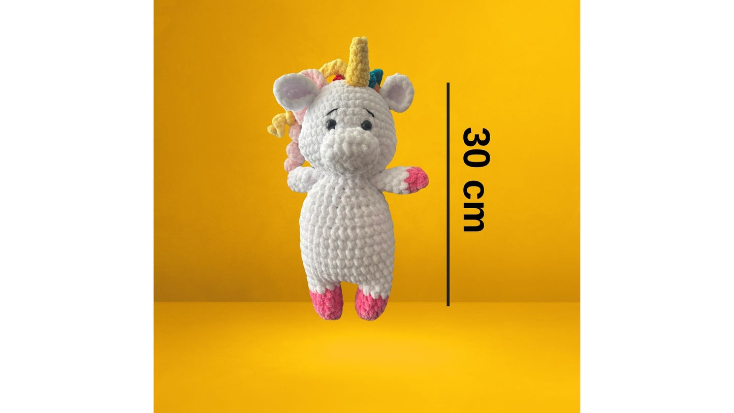 Amigurumi tığ işi unicorn, el yapımı oyuncak, örgü oyuncak uyku arkadaşı