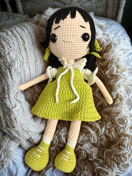 Amigurumi tığ işi bebek kız çocuğu, el yapımı örgü oyuncak Haki uyku arkadaşı