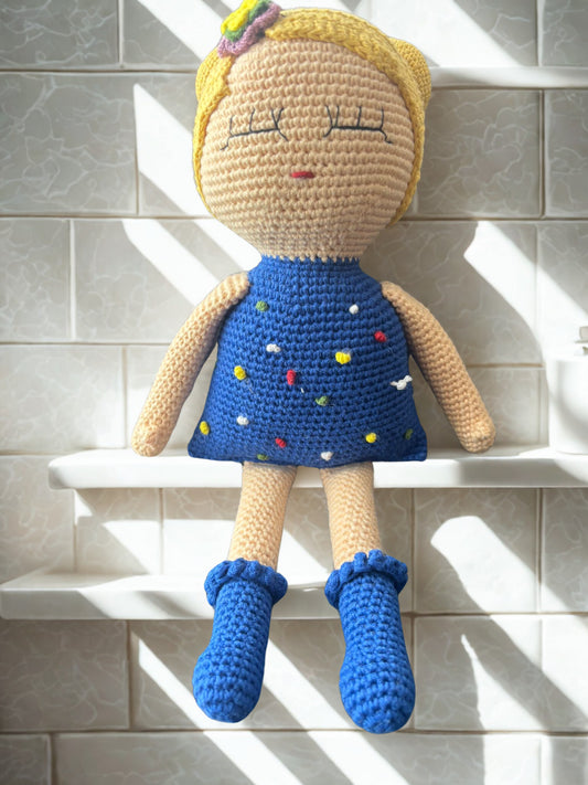 Amigurumi tığ işi bebek kız çocuğu, el yapımı örgü oyuncak mavi uyku arkadaşı