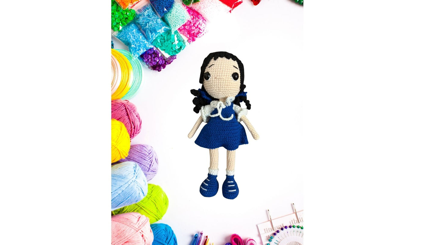 Amigurumi tığ işi bebek kız çocuğu, el yapımı örgü oyuncak Mavi uyku arkadaşı