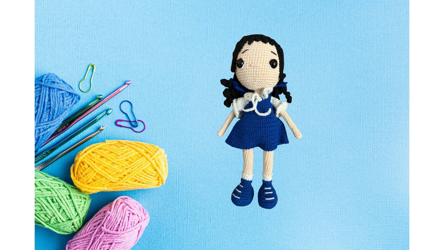 Amigurumi tığ işi bebek kız çocuğu, el yapımı örgü oyuncak Mavi uyku arkadaşı