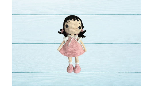Amigurumi tığ işi bebek kız çocuğu, el yapımı örgü oyuncak Pembe uyku arkadaşı