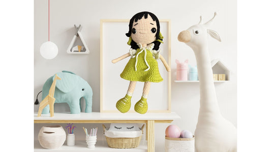 Amigurumi tığ işi bebek kız çocuğu, el yapımı örgü oyuncak Haki uyku arkadaşı