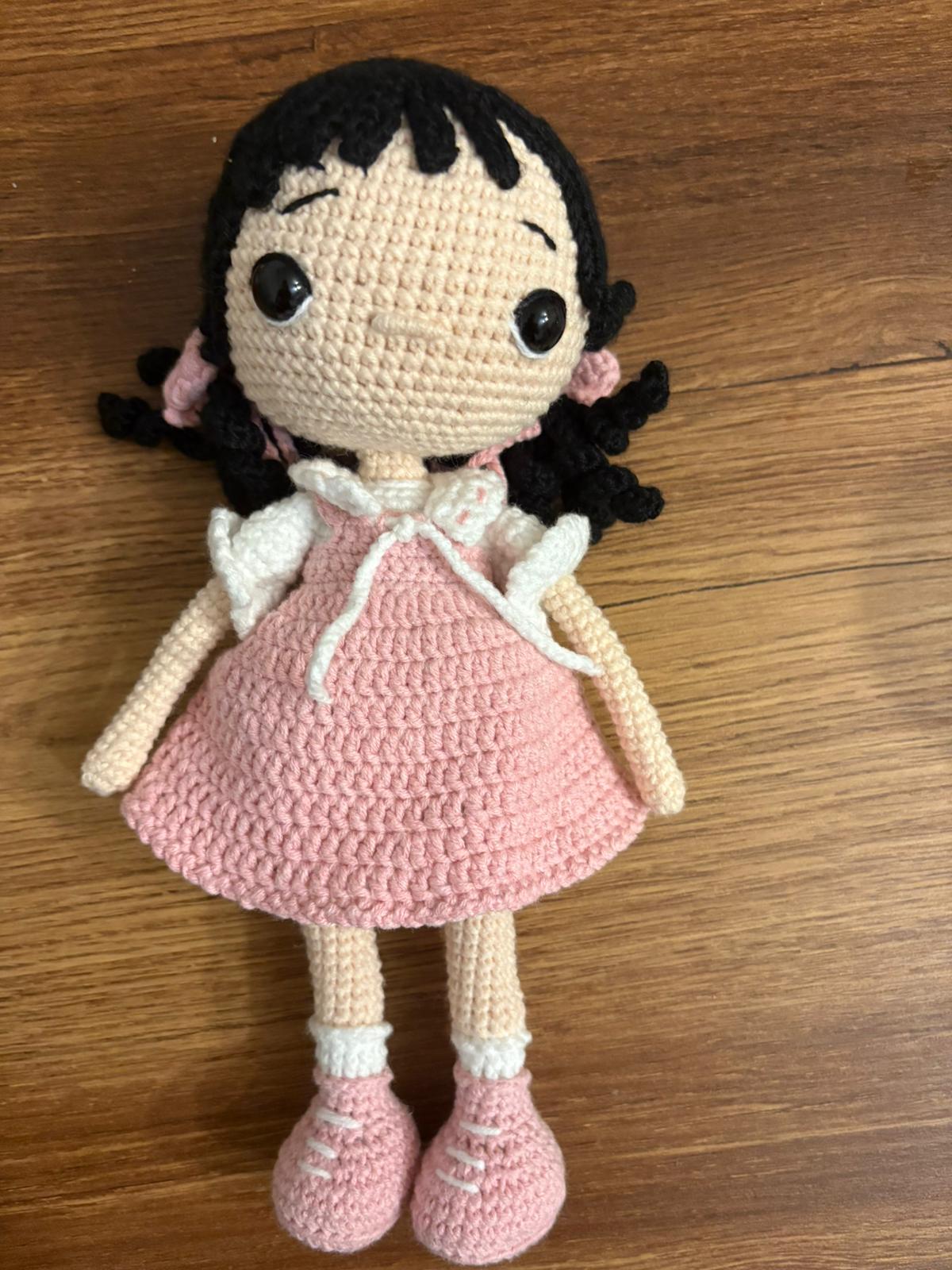 Amigurumi tığ işi bebek kız çocuğu, el yapımı örgü oyuncak Pembe uyku arkadaşı