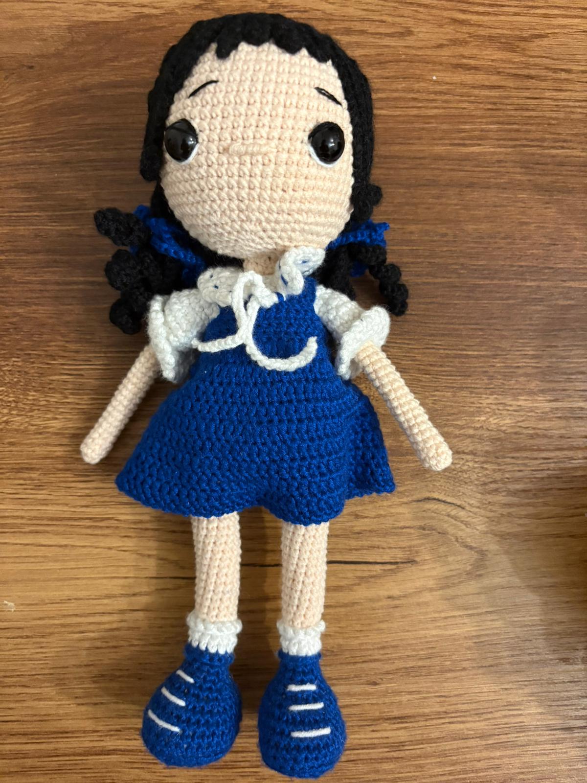 Amigurumi tığ işi bebek kız çocuğu, el yapımı örgü oyuncak Mavi uyku arkadaşı