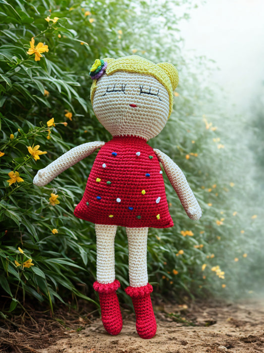 Amigurumi tığ işi bebek kız çocuğu, el yapımı örgü oyuncak kırmızı uyku arkadaşı
