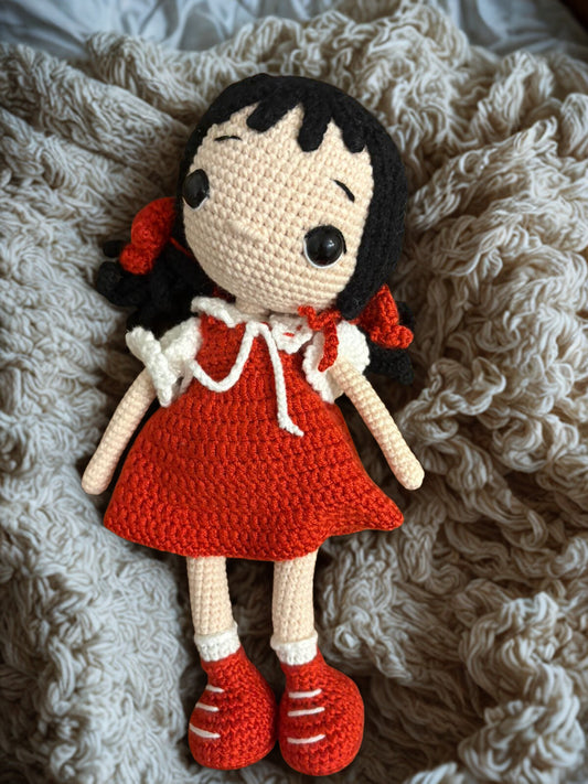Amigurumi tığ işi bebek kız çocuğu, el yapımı örgü oyuncak kırmızı uyku arkadaşı