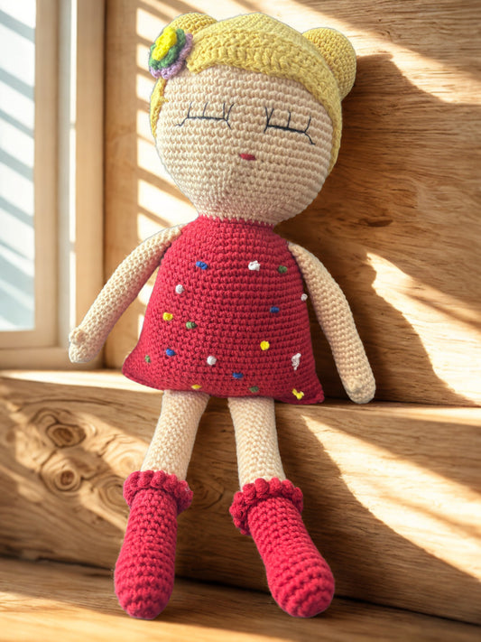 Amigurumi tığ işi bebek kız çocuğu, el yapımı örgü oyuncak kırmızı uyku arkadaşı