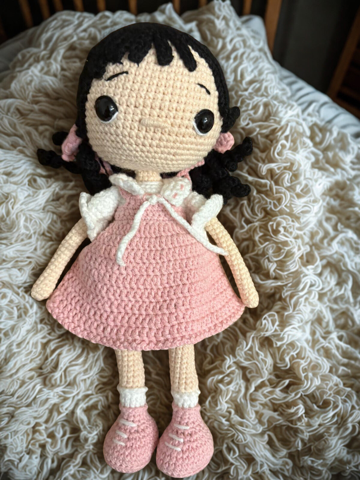 Amigurumi tığ işi bebek kız çocuğu, el yapımı örgü oyuncak Pembe uyku arkadaşı