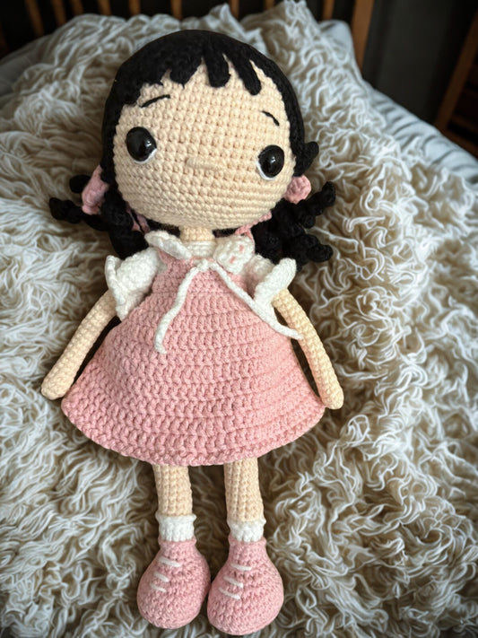 Amigurumi tığ işi bebek kız çocuğu, el yapımı örgü oyuncak Pembe uyku arkadaşı